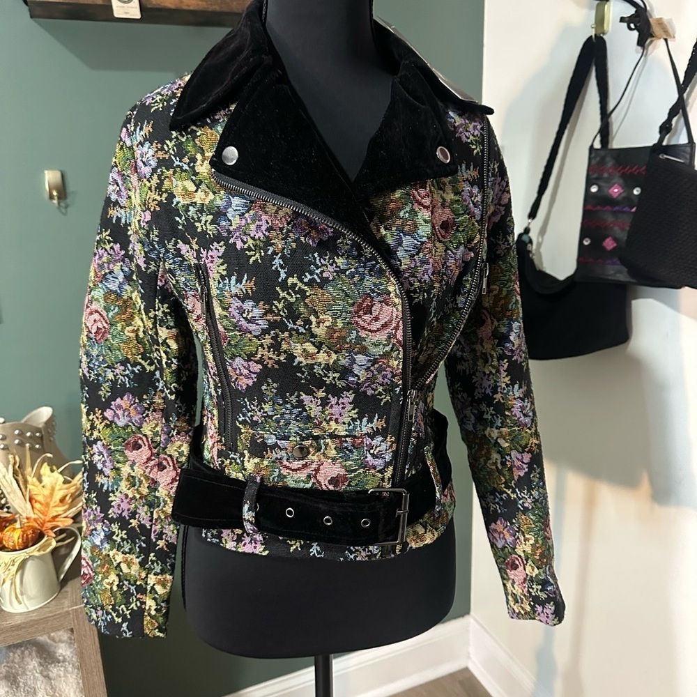 NWT Anna Cai Biker Jacket with Velvet Details and Belt Size XS